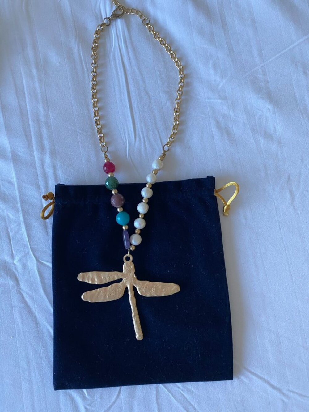 AS-IS Hammered Gold Dragonfly Pendant Beaded Necklace Multi Gemstones